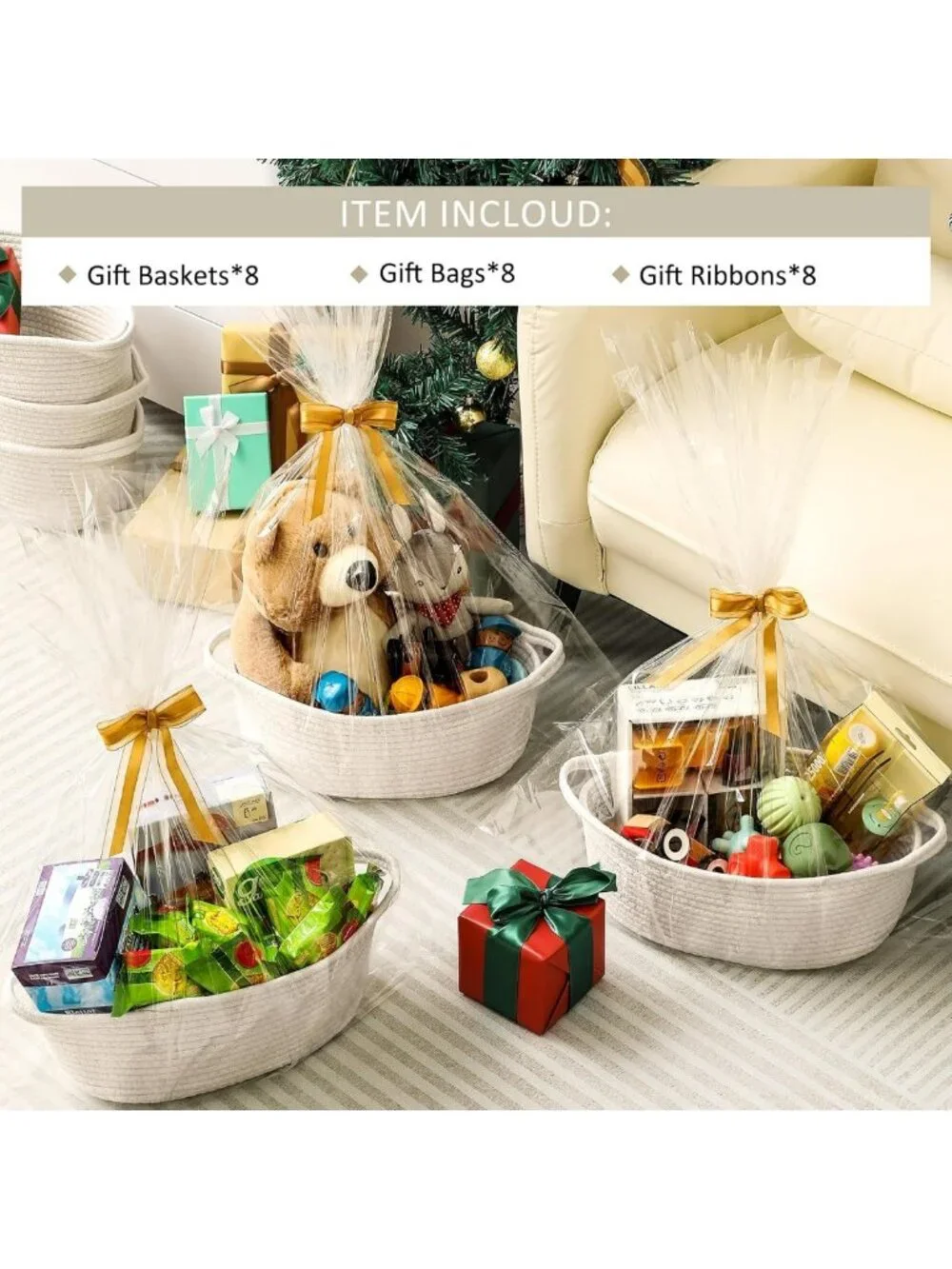 8 Pack Small Woven Baskets with Gift Bags & Ribbons - Decorative Nursery